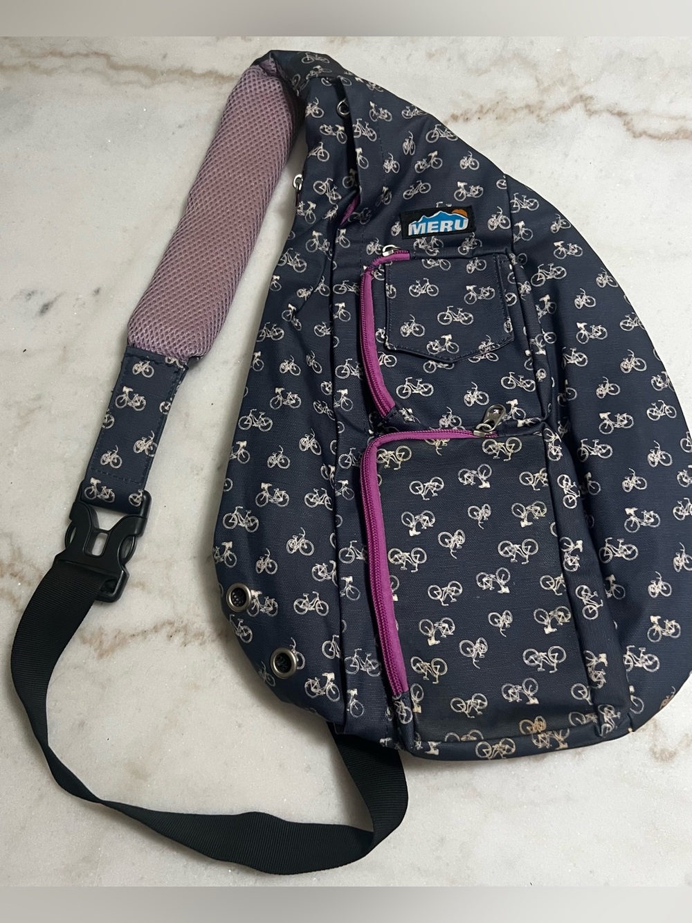Meru Blue Canvas Sling Bag Cute Bicycle Print  Needs Cleaned See Pics.